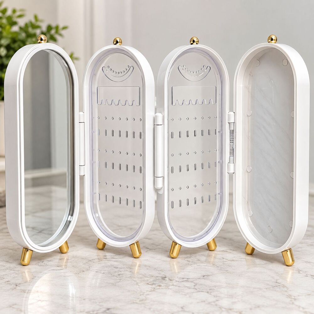 Foldable Jewelry Organizer Mirror 4 Panel White Gold Earring Necklace Holder